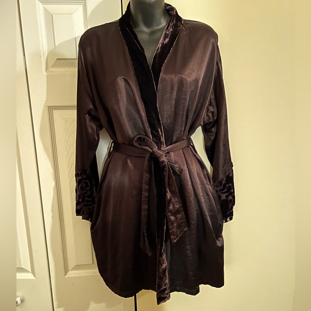 Giraffe at Home dark eggplant satin robe with beautiful slit sleeves